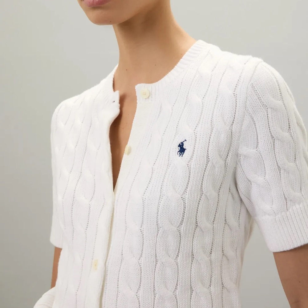 Polo Ralph Lauren Cable Knit Cotton Short Sleeve Cardigan in white